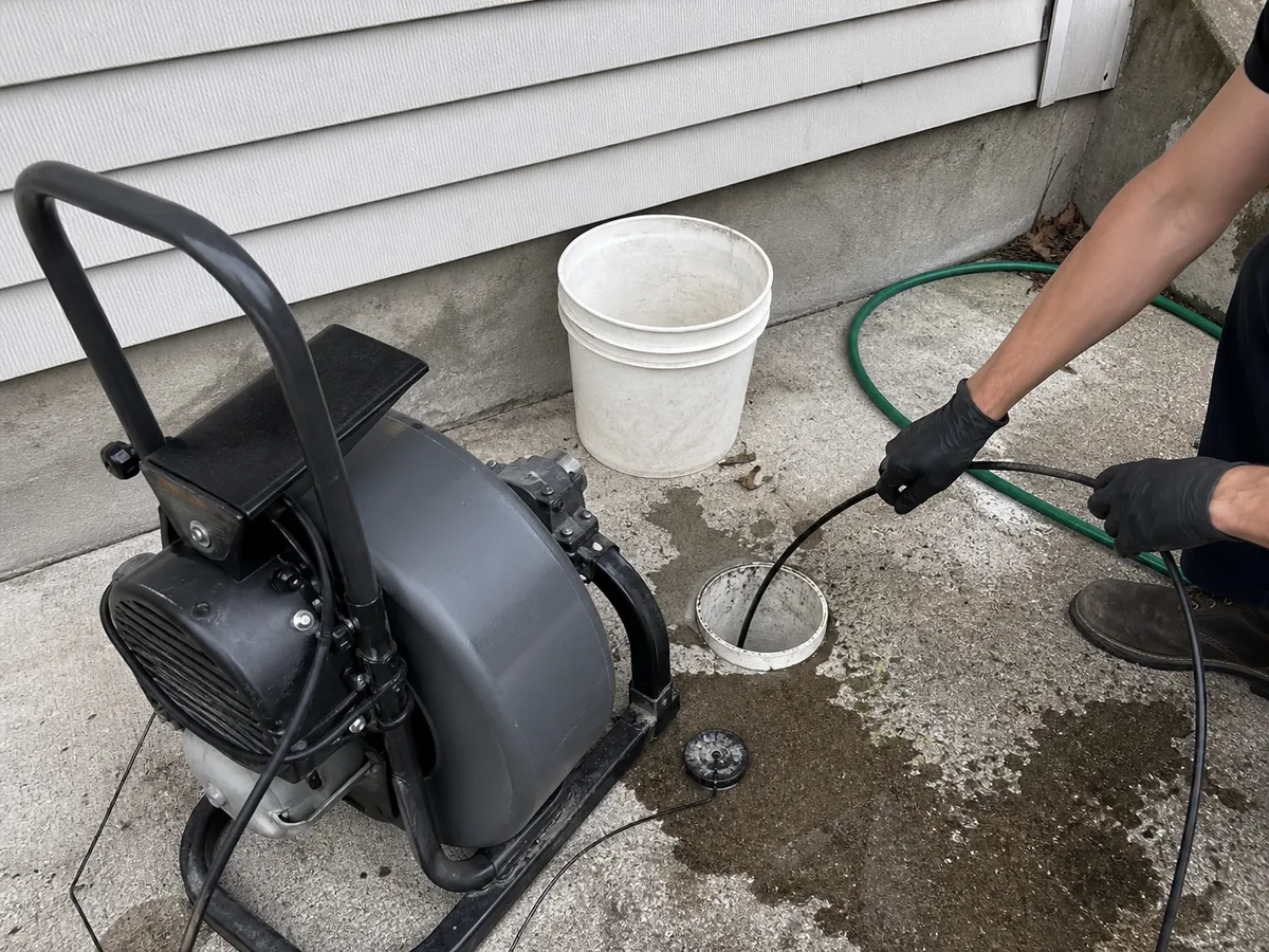A drain cleaning cable feeding into an outdoor cleanout
