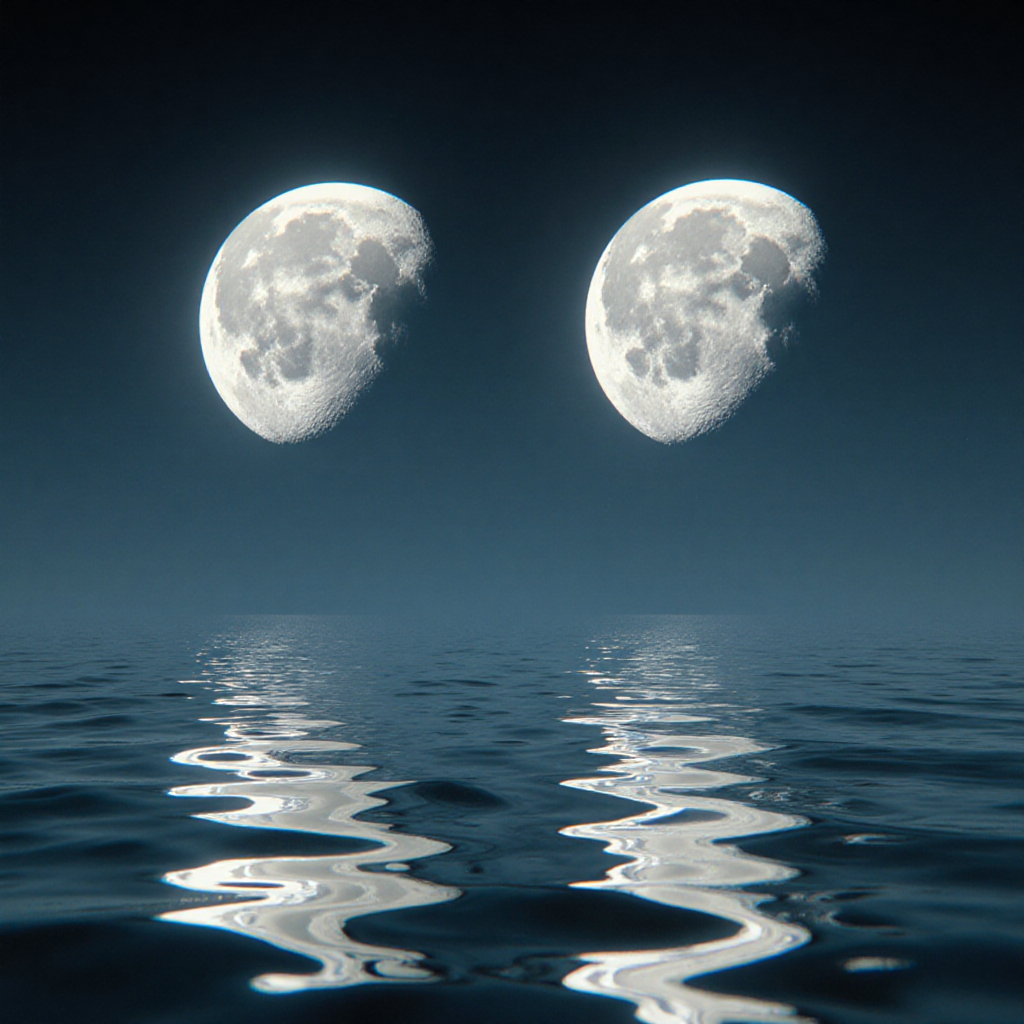 AI-generated Dream Archive artwork: mirror oceans beneath twin moons