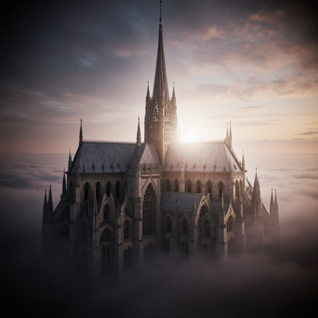 AI-generated Dream Archive artwork: floating cathedrals in endless twilight
