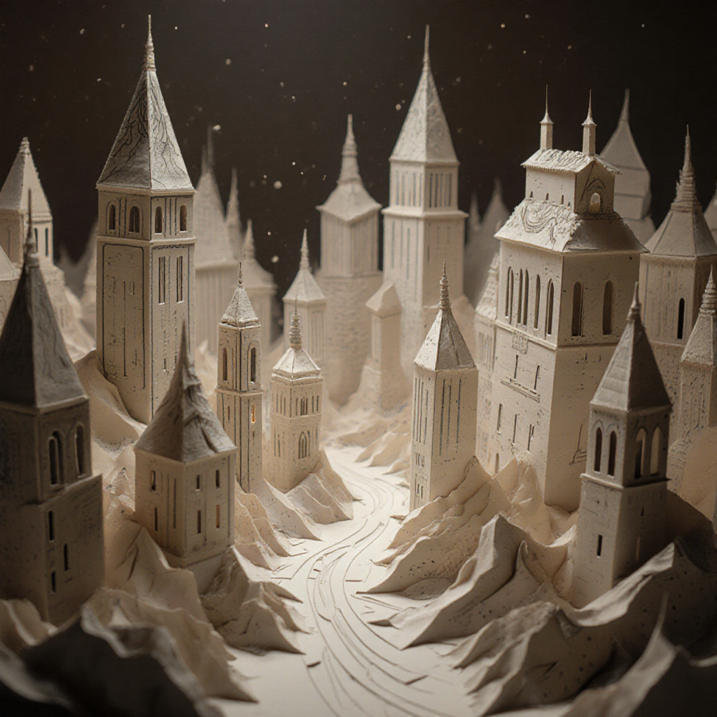 AI-generated Dream Archive artwork: paper cities humming with ancient songs