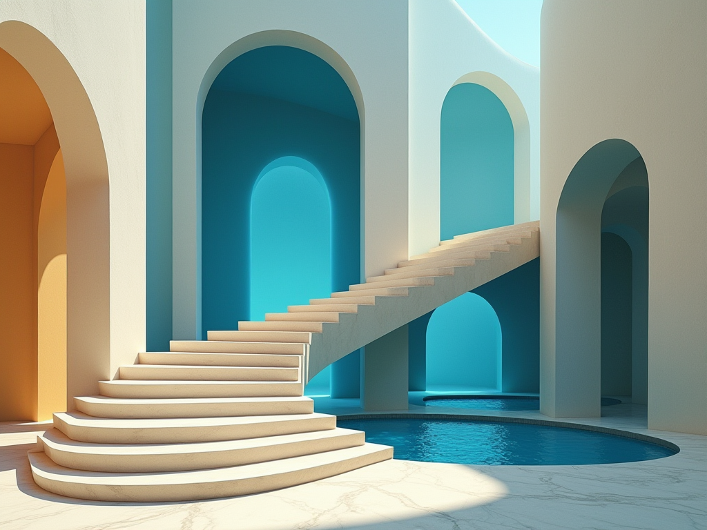 AI-generated surreal dream architecture in navy, cyan and gold