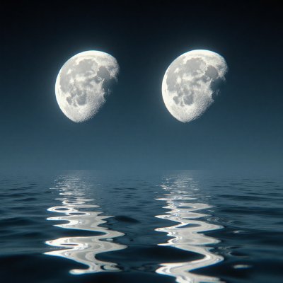 A surreal, perfectly still mirror ocean reflecting twin moons in a low-gravity, alien landscape
