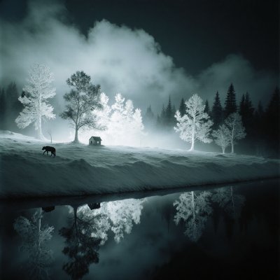 Jagged crystalline trees growing upside down from a cloudy sky, pulsing with amethyst light as sparkling silt falls